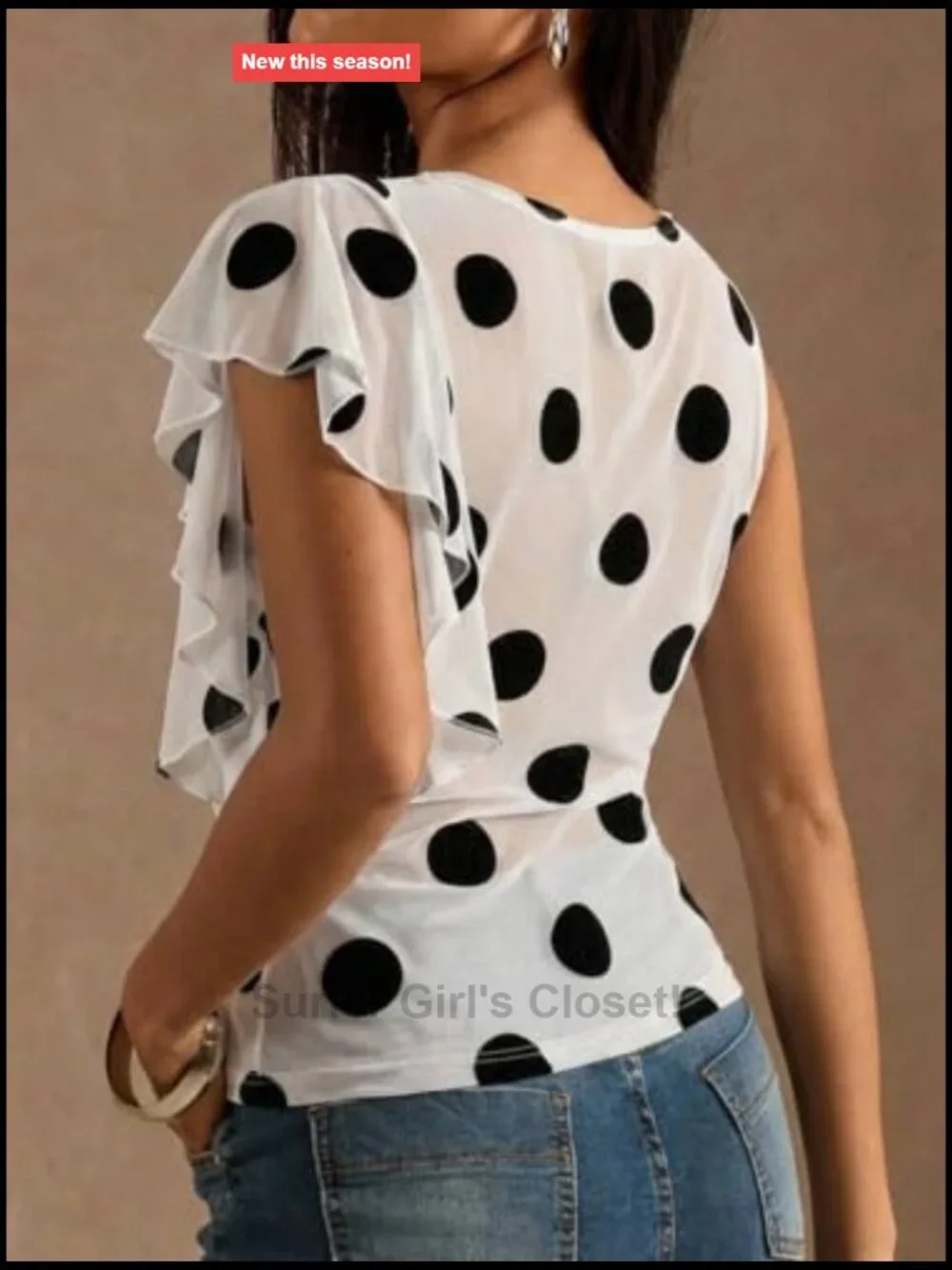 Women's Polka Dots Sheer Mesh Tank Top Ruffle Trim See Through Going Out Top